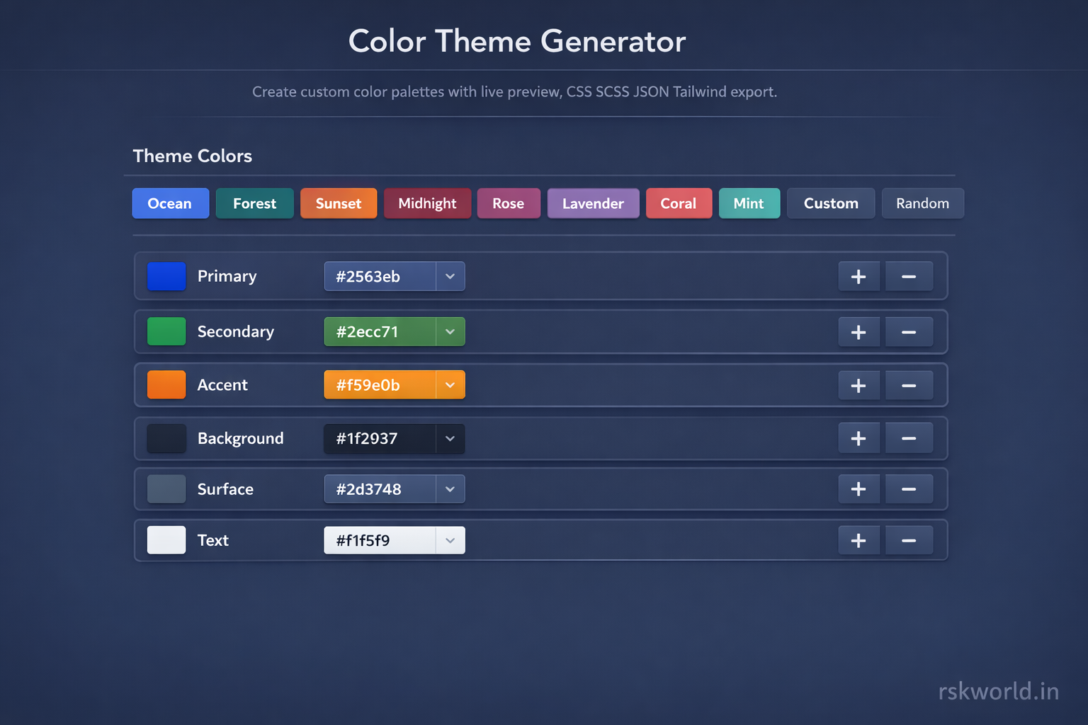 RSK World Color Theme Generator Free Palette Tool CSS SCSS JSON 